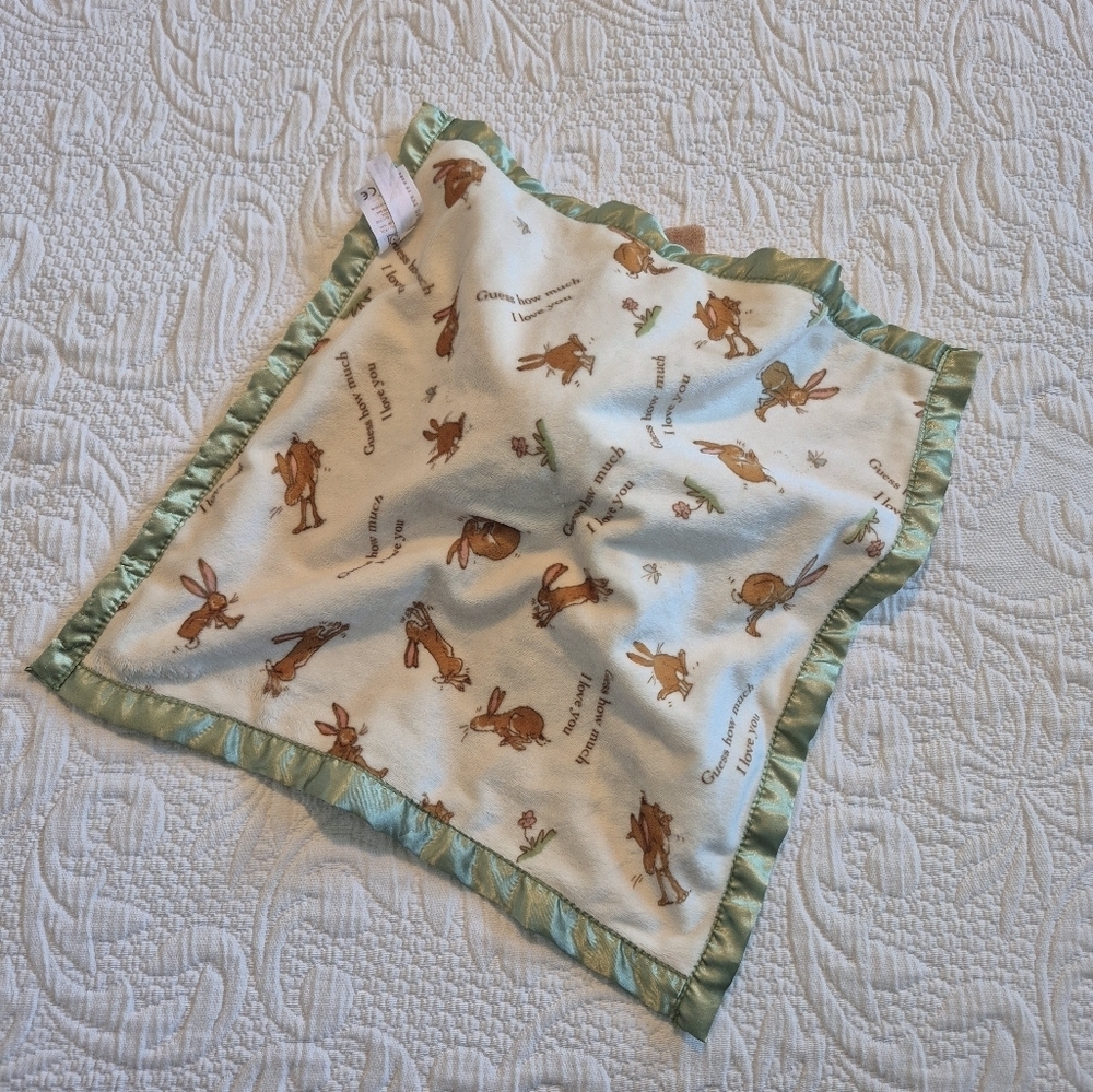 Bunny security blanket, cream, tan, green, embroidered lettering GUC - Picture 5 of 7